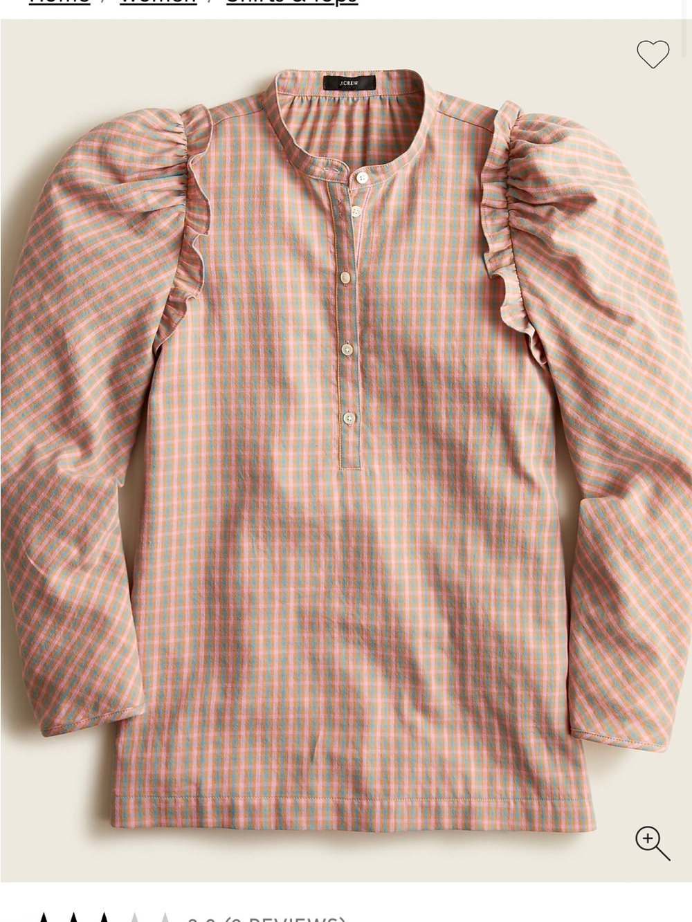 J.crew Puff-sleeve top in field check flannel pink & green size medium